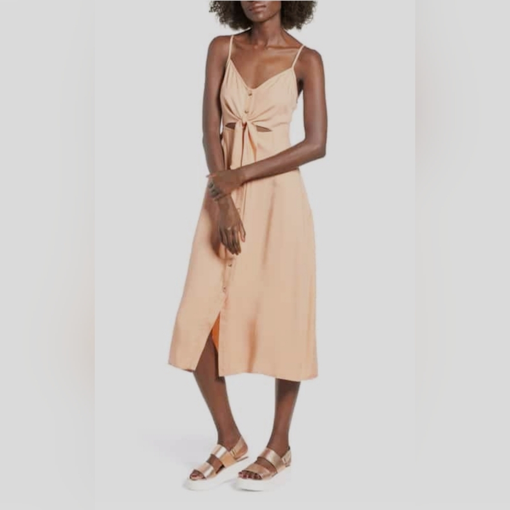 New Mimi Chica tan casual midi dress tie front button down size M